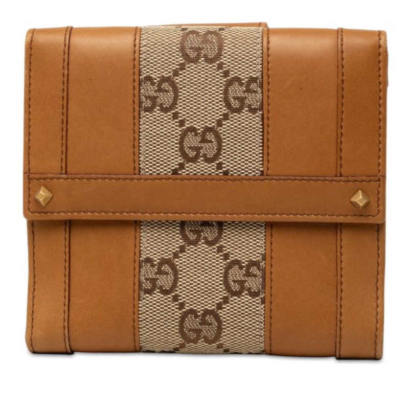 Gucci GG Canvas Snap Bifold Wallet Beige Brown Leather