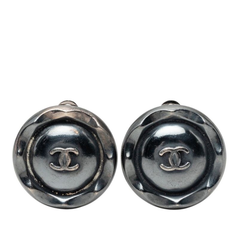 Chanel 96P CC Logo Round Earrings Silver Black Metal