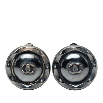 Chanel 96P CC Logo Round Earrings Silver Black Metal