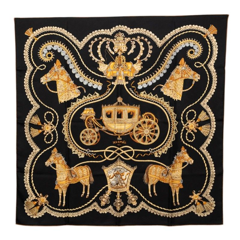 Hermes Carre 90 Paperoles Carriage and Nobility Scarf Black Multicolor Silk