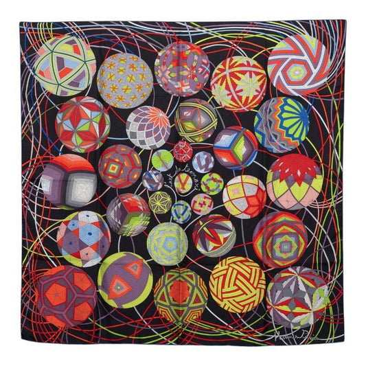 Hermes Carre 90 Lart du Temari Universe Scarf Black Multicolor Silk