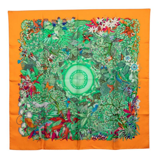 Hermes Carre 90 Au Coeur de la Vie Life Forest Scarf Orange Multicolor Silk