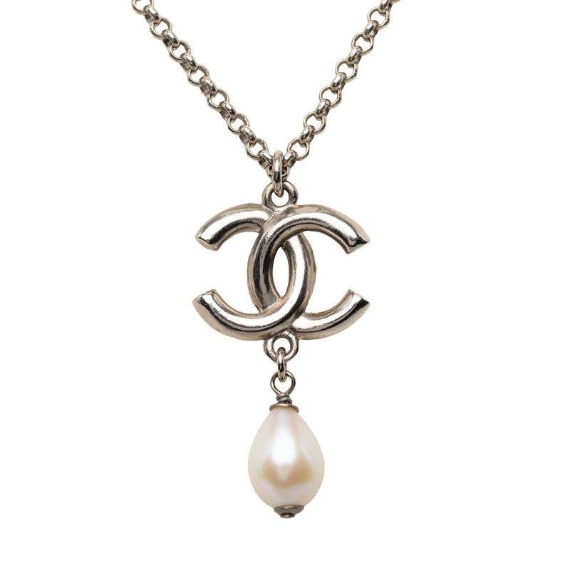 Chanel CC Logo Necklace Silver Metal Faux Pearl Rhinestone — view 2