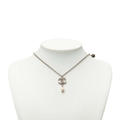 Chanel CC Logo Necklace Silver Metal Faux Pearl Rhinestone — view 6