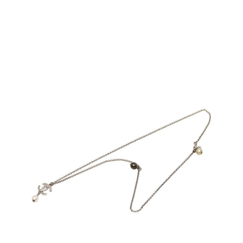 Chanel CC Logo Necklace Silver Metal Faux Pearl Rhinestone — view 3