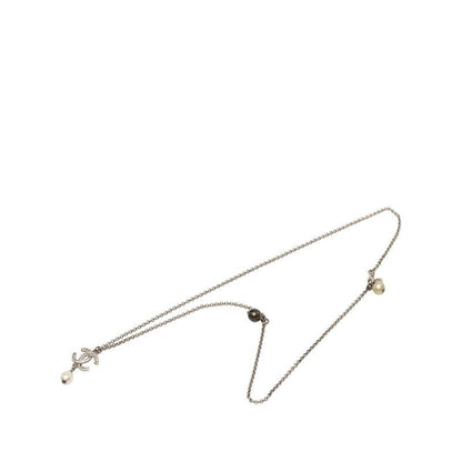 Chanel CC Logo Necklace Silver Metal Faux Pearl Rhinestone — view 3