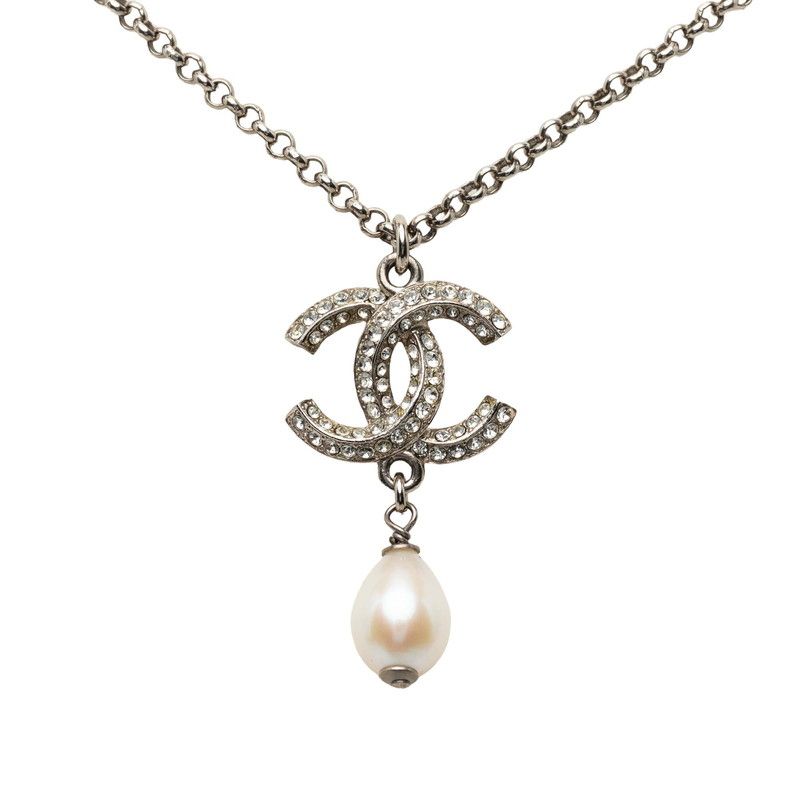 Chanel CC Logo Necklace Silver Metal Faux Pearl Rhinestone