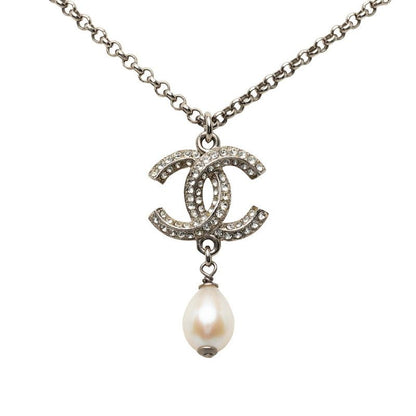 Chanel CC Logo Necklace Silver Metal Faux Pearl Rhinestone