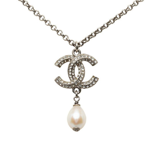 Chanel CC Logo Necklace Silver Metal Faux Pearl Rhinestone