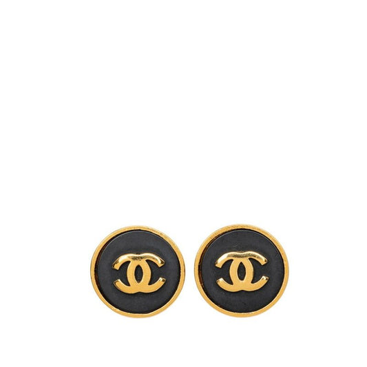 Chanel Vintage CC Logo Earrings Gold Black Plated