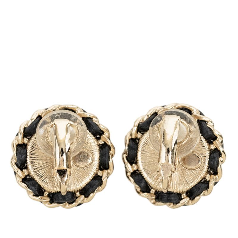 Chanel CC Logo Chain Earrings Gold Black Plated Faux Pearl Leather — view 2
