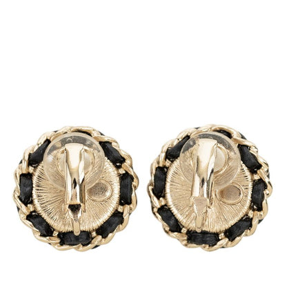 Chanel CC Logo Chain Earrings Gold Black Plated Faux Pearl Leather — view 2