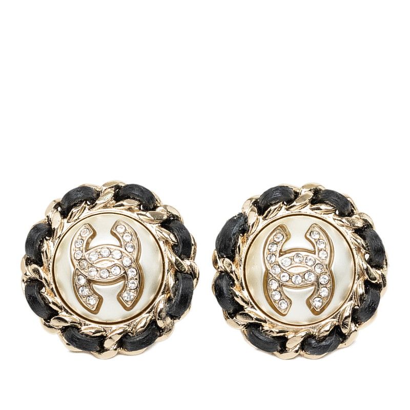 Chanel CC Logo Chain Earrings Gold Black Plated Faux Pearl Leather