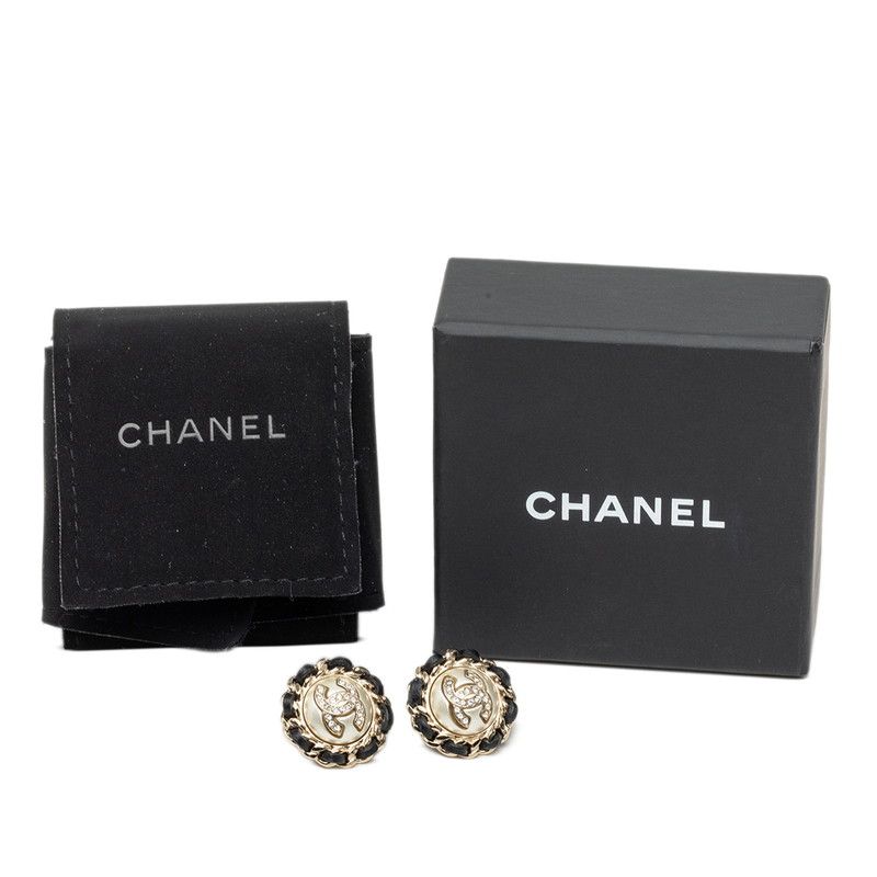 Chanel CC Logo Chain Earrings Gold Black Plated Faux Pearl Leather — view 4