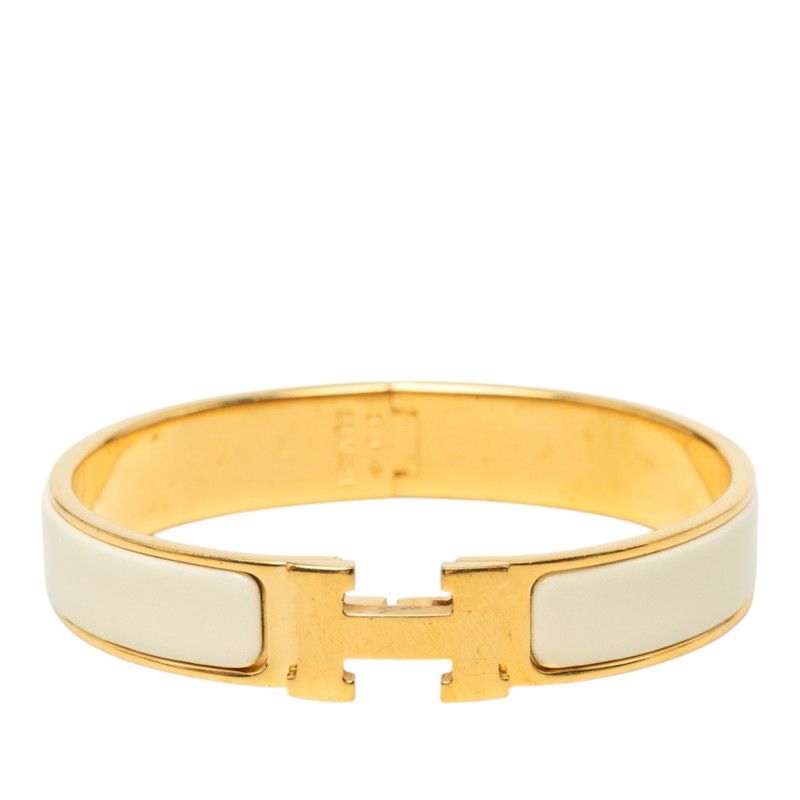 Hermes Clic H GM Enamel Bracelet Bangle Gold White Plated