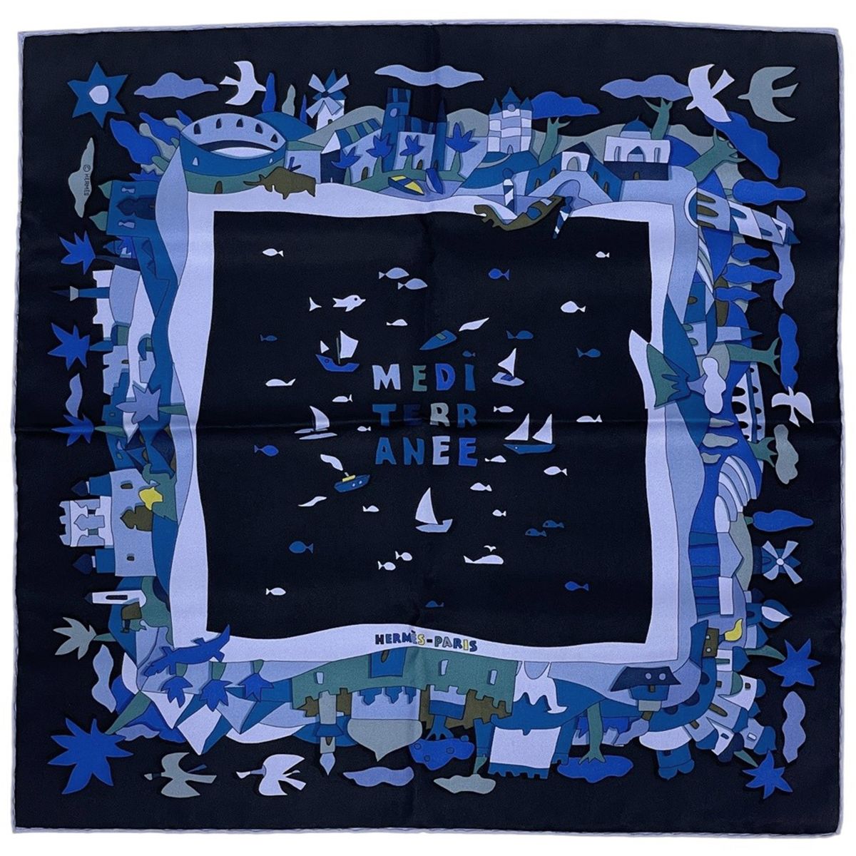 Hermes Petit Carre Mediterranee Scarf Mediterranean Silk Black Blue
