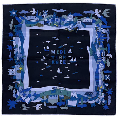 Hermes Petit Carre Mediterranee Scarf Mediterranean Silk Black Blue