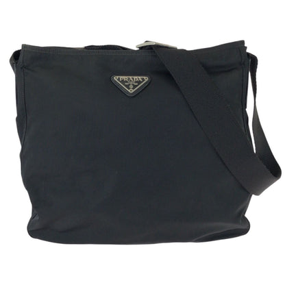 Prada Tessuto Black Silver Nylon Leather Shoulder Bag