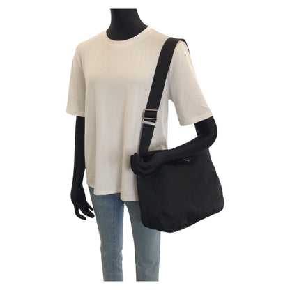 Prada Tessuto Black Silver Nylon Leather Shoulder Bag — view 7