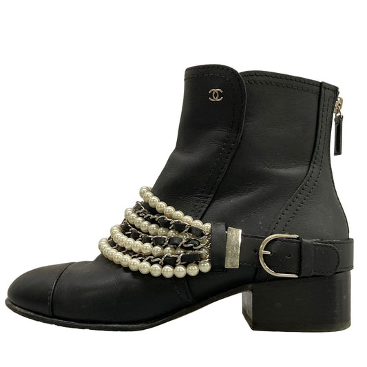 Chanel Short Boots C Black Pearl Chain Silver Leather
