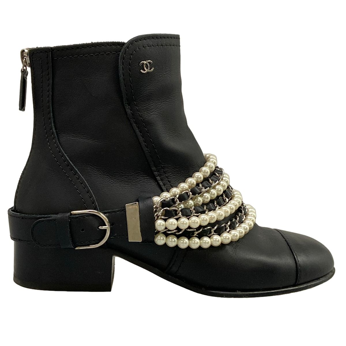 Chanel Short Boots C Black Pearl Chain Silver Leather — view 4