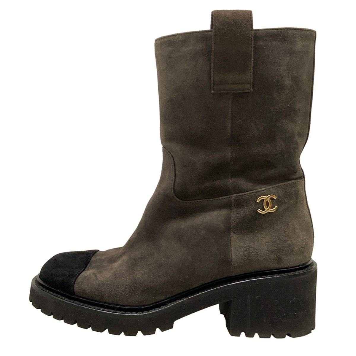 Chanel Short Boots C Dark Brown Black