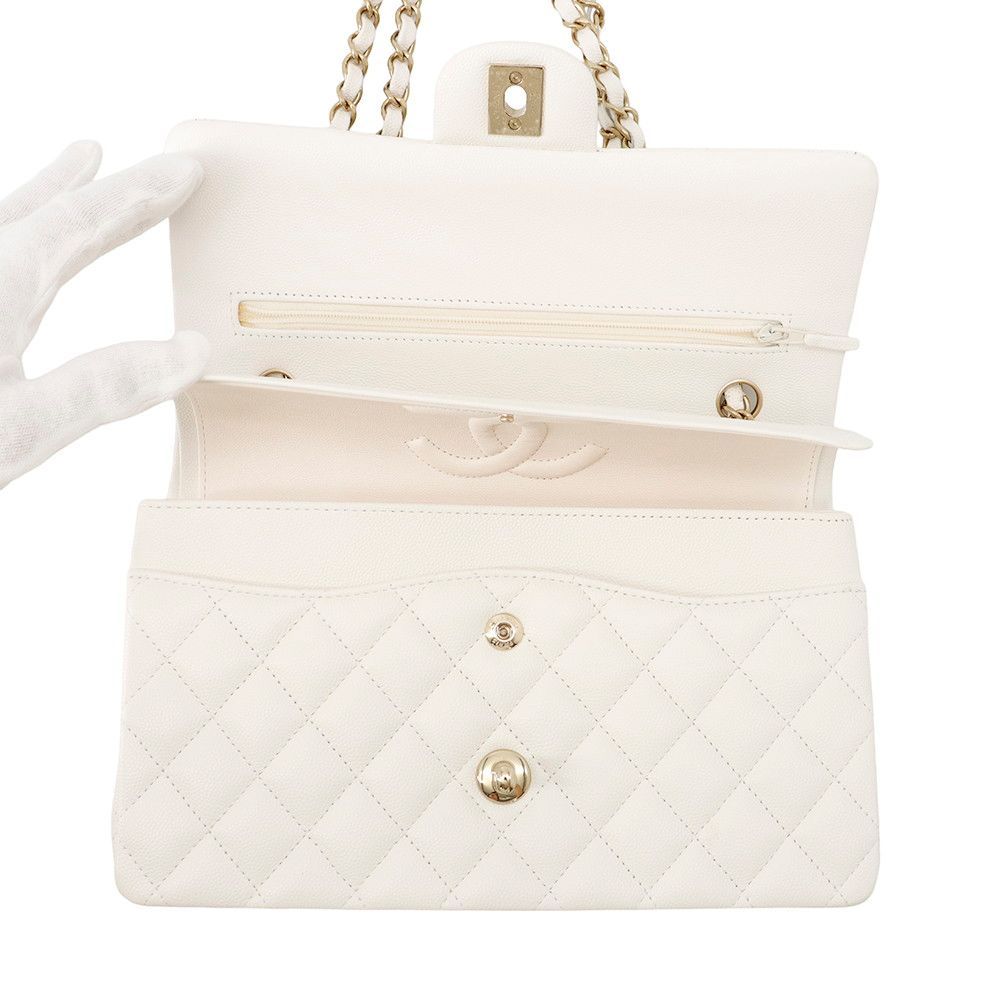 Chanel Chain Shoulder Bag Quilted 25 CC Logo Caviar Leather Double White — view 6
