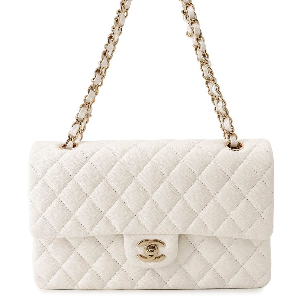 Chanel Chain Shoulder Bag Quilted 25 CC Logo Caviar Leather Double White