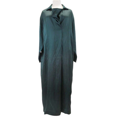 Bottega Veneta Silk Twill Shirt Dress Long Sleeve Maxi Flare Dark Green 36