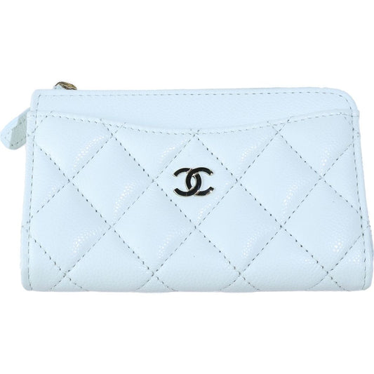 Chanel Quilted Fragment Case Zip Card Coin Purse Silver Caviar Leather Pale Blue