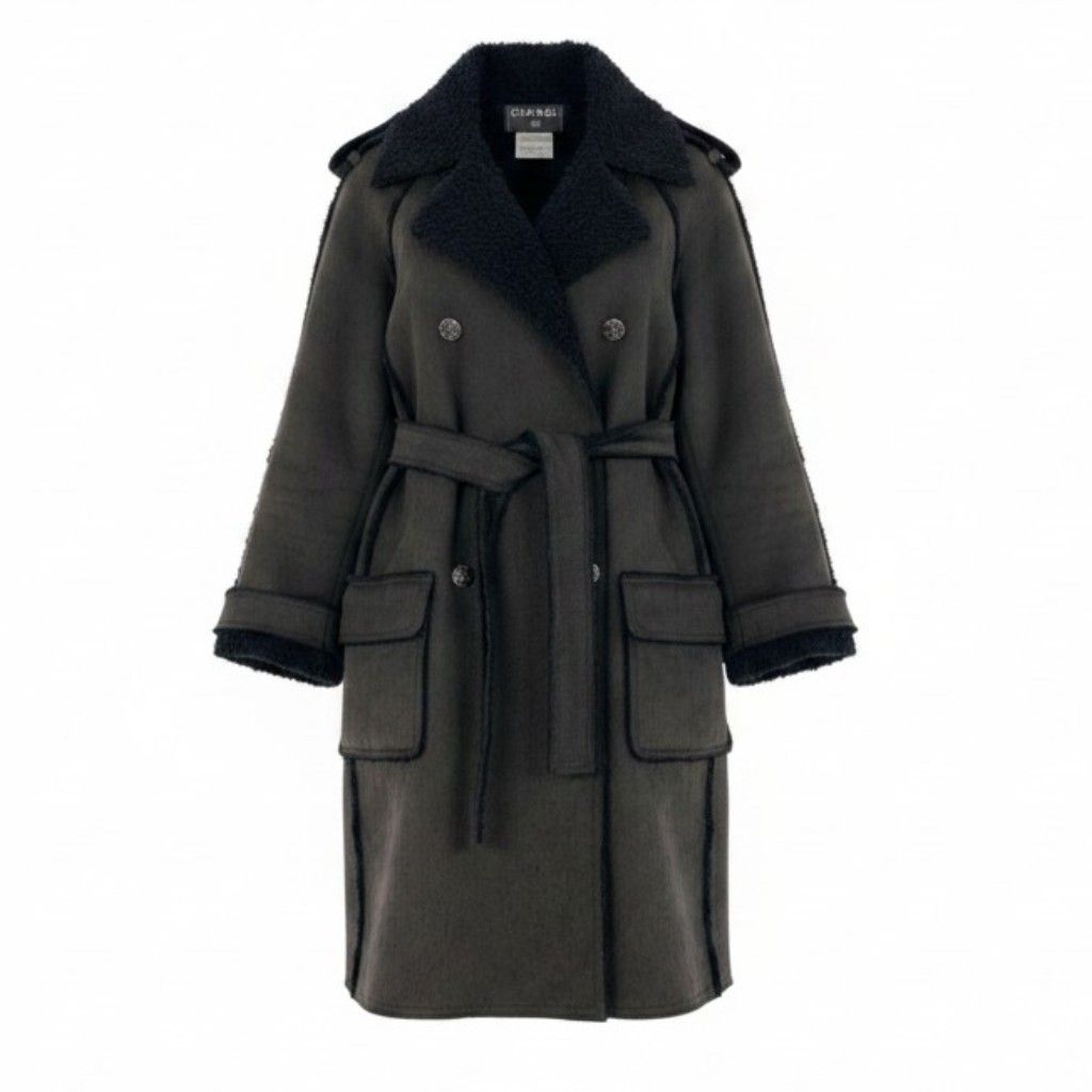 Chanel 06A Coco Buttons Cutoff Trench Coat Frayed Edge Dark Gray 38