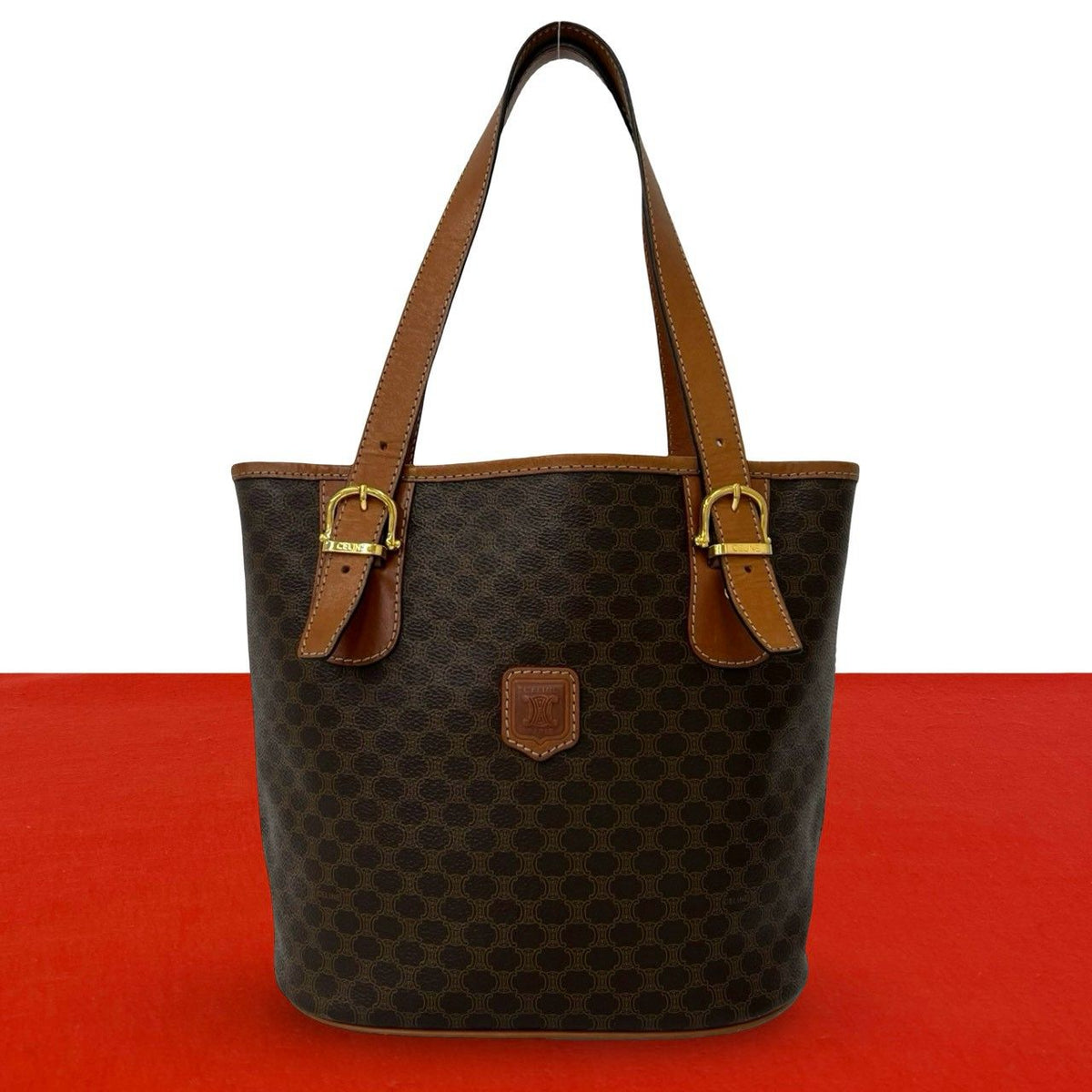 Celine Vintage Macadam Blason Leather Tote Bag Brown