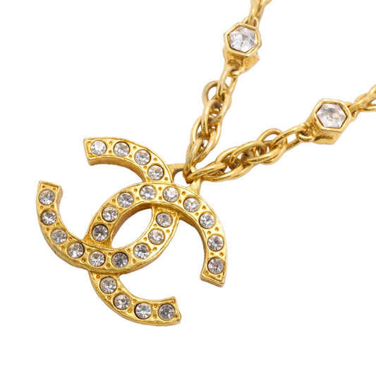 Chanel Necklace Vintage CC Logo Gold Plated Rhinestone