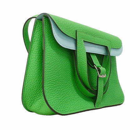 Hermes Handbag Halzan Verso Taurillon Clemence Vert Comic Celeste Silver 2-Way — view 2