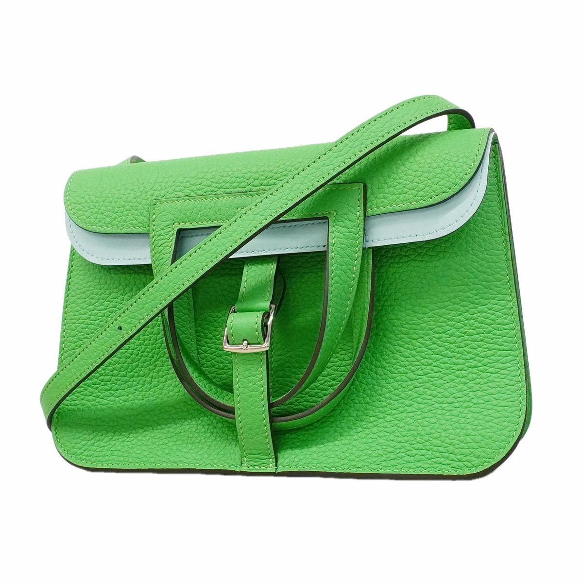 Hermes Handbag Halzan Verso Taurillon Clemence Vert Comic Celeste Silver 2-Way
