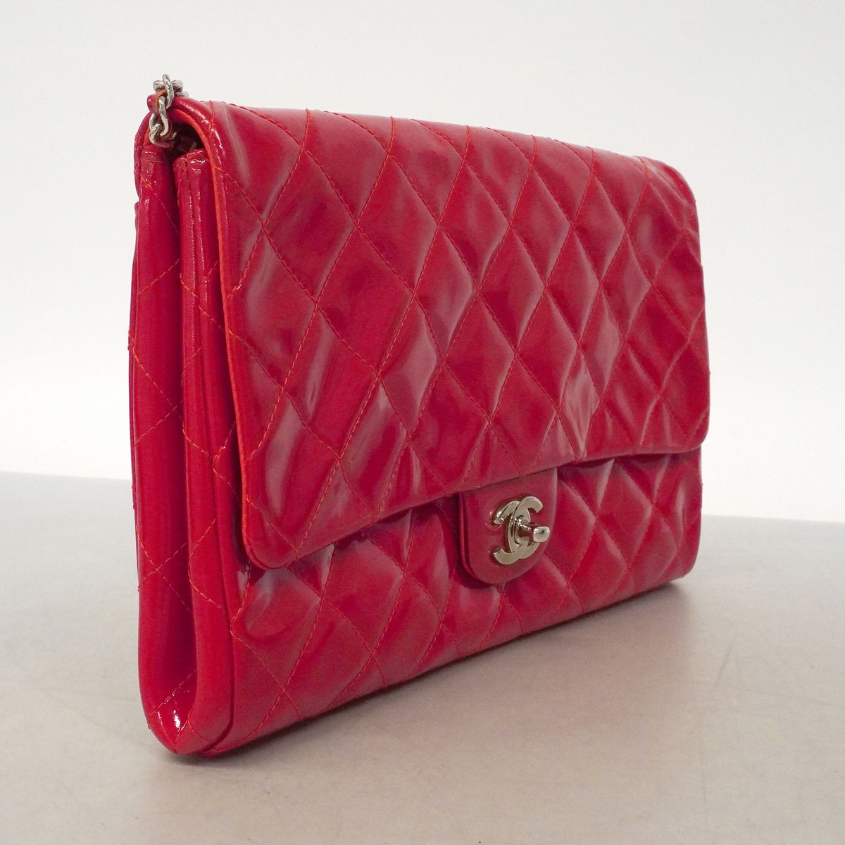 Chanel Shoulder Bag Quilted Patent Leather Red Silver — view 2