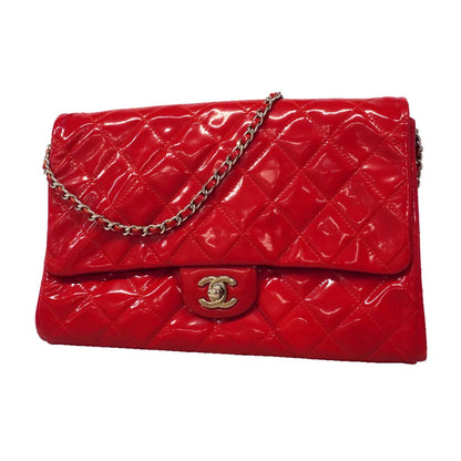 Chanel Shoulder Bag Quilted Patent Leather Red Silver