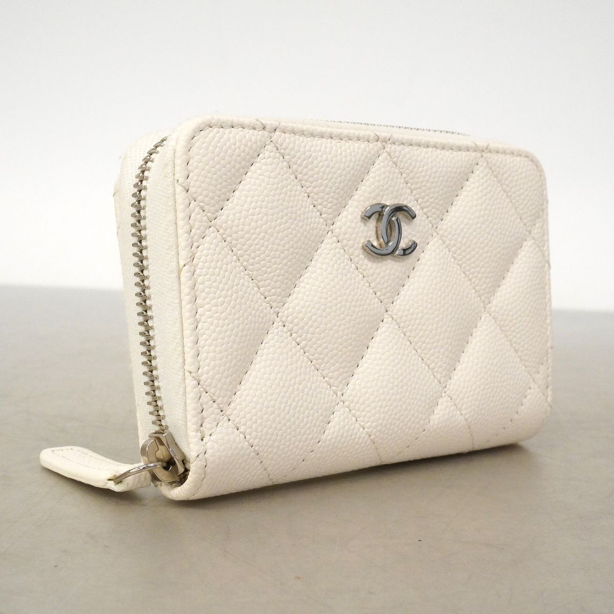 Chanel Coin Purse Quilted Caviar Leather White Silver — view 2