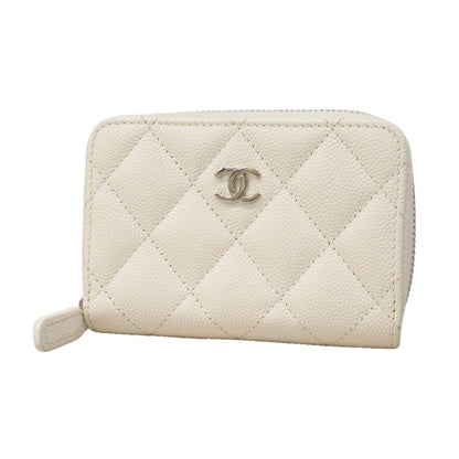 Chanel Coin Purse Quilted Caviar Leather White Silver