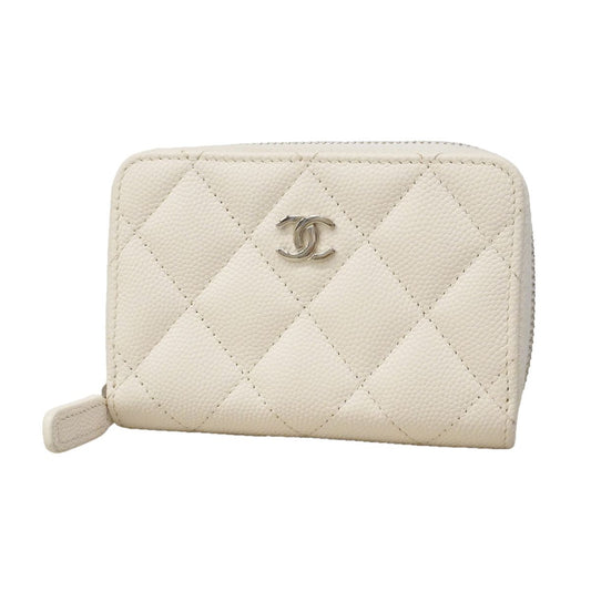 Chanel Coin Purse Quilted Caviar Leather White Silver
