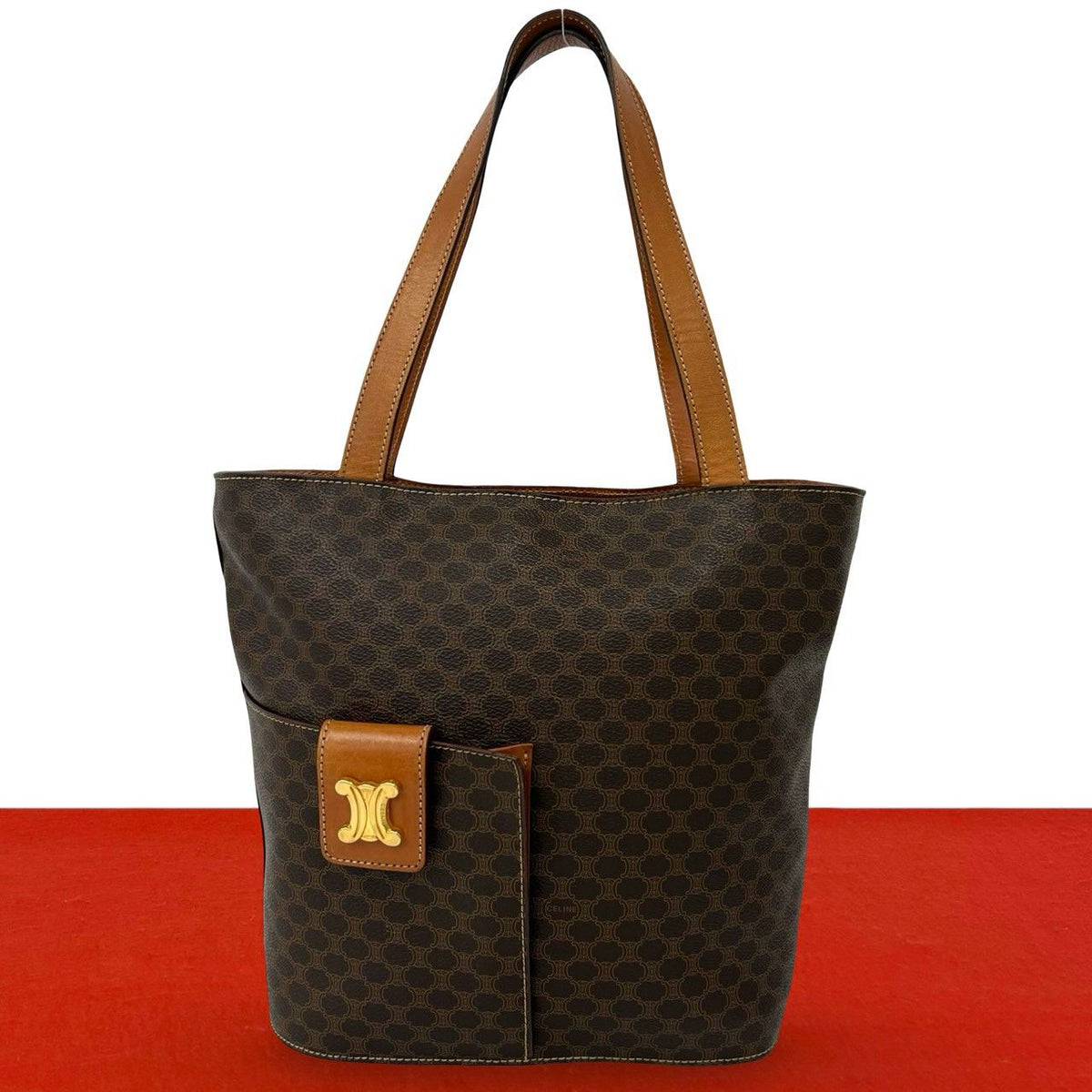 Celine Vintage Macadam Pattern Triomphe Logo Leather Tote Bag Brown