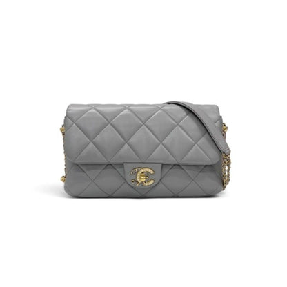 Chanel Shoulder Bag Gray Gold Quilted CC Logo Pearl Turnlock Chain