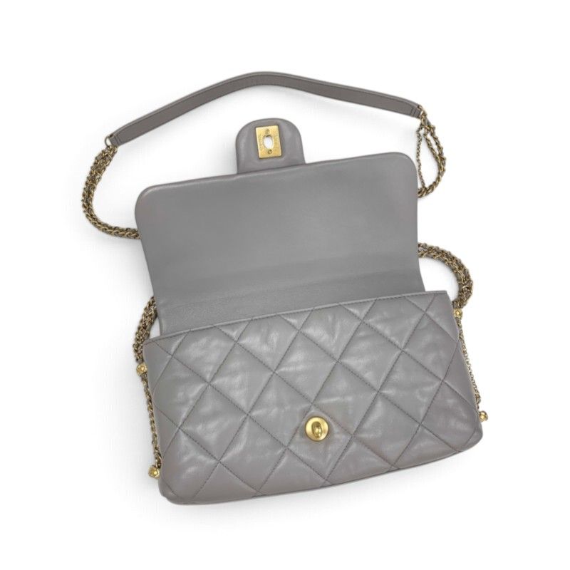 Chanel Shoulder Bag Gray Gold Quilted CC Logo Pearl Turnlock Chain — view 8
