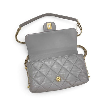 Chanel Shoulder Bag Gray Gold Quilted CC Logo Pearl Turnlock Chain — view 8