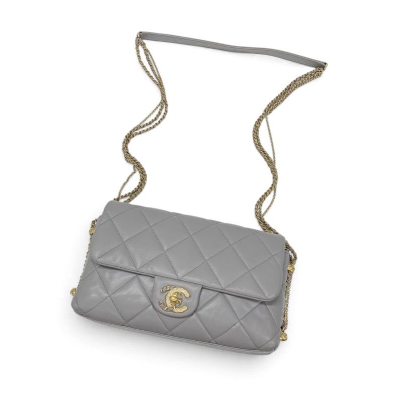Chanel Shoulder Bag Gray Gold Quilted CC Logo Pearl Turnlock Chain — view 5