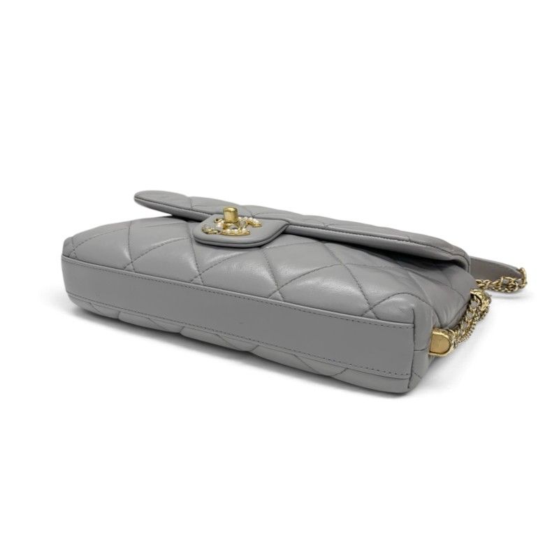 Chanel Shoulder Bag Gray Gold Quilted CC Logo Pearl Turnlock Chain — view 4