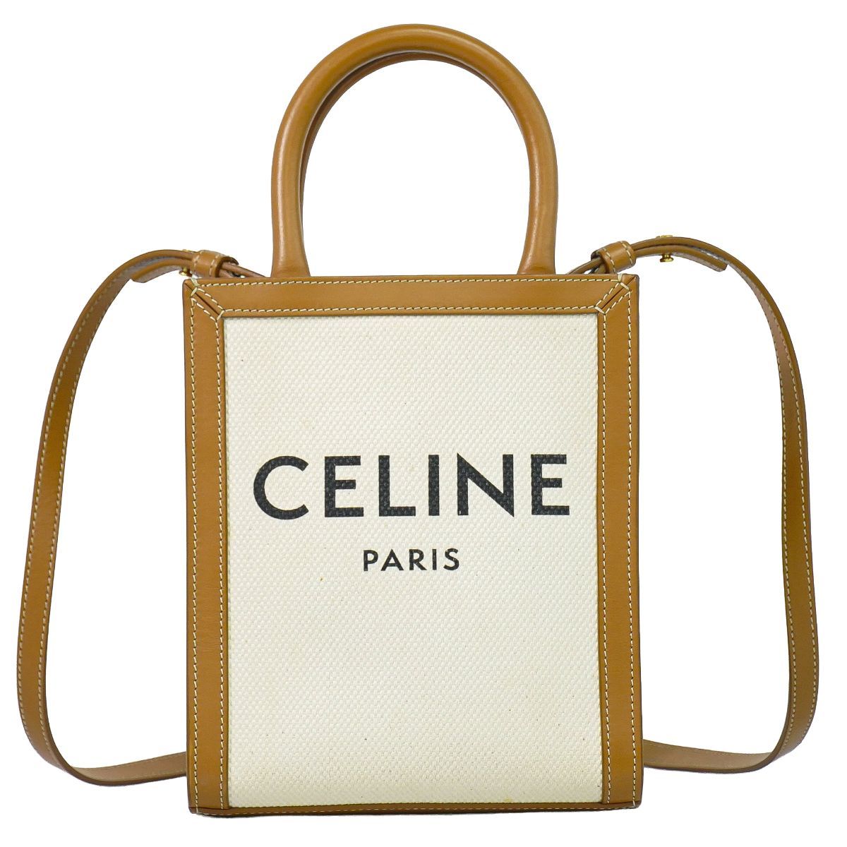 Celine Mini Vertical Cabas 2-Way Shoulder Bag Tote Pochette Canvas White Brown