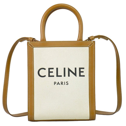 Celine Mini Vertical Cabas 2-Way Shoulder Bag Tote Pochette Canvas White Brown