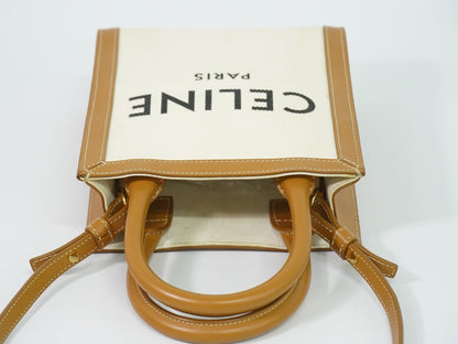 Celine Mini Vertical Cabas 2-Way Shoulder Bag Tote Pochette Canvas White Brown — view 5