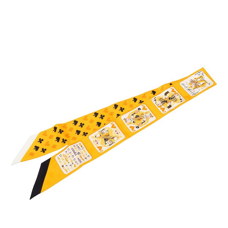 Hermes Twilly Jeu de Cartes Playing Cards Pattern Scarf Yellow Silk